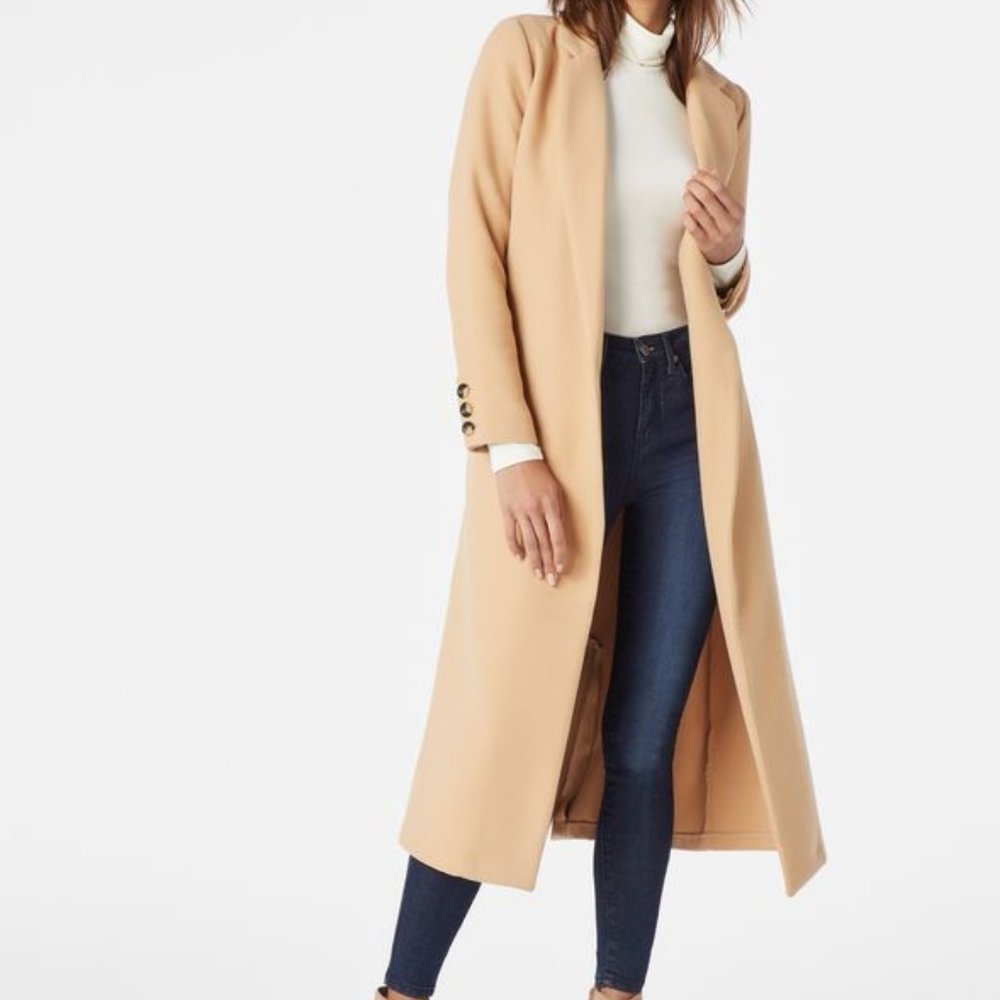 Justfab beige long wrap coat.